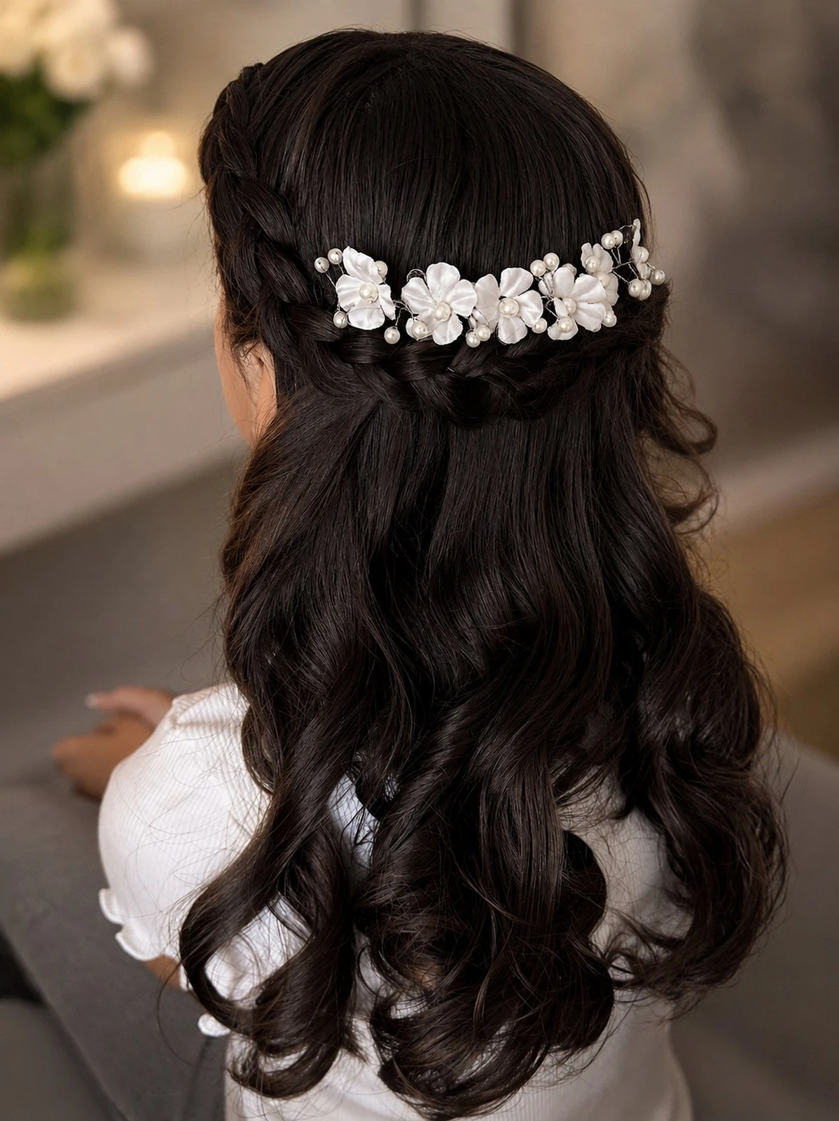 Bridal hair, half up with a floral accessory